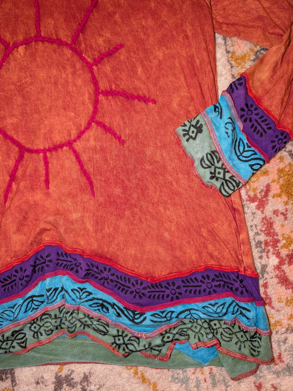 Greater Good Women’s L Multicolor Striped Tunic Top Sun Cowl Boho Orange Purple